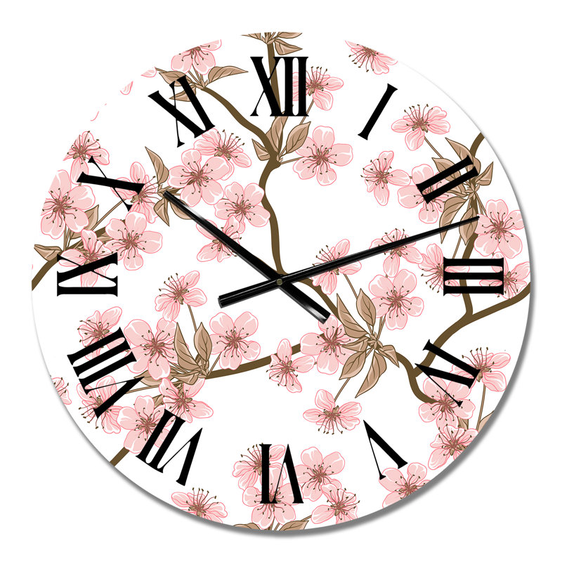 Horloge murale à motif de fleurs de cerisier roses sur fond blanc, Petit