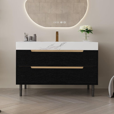 36" Bathroom Vanity with Ceramic Sink – Sintered Stone Top,Solid Wood Cabinet with 4 Drawers, Wall-Mounted or Freestanding