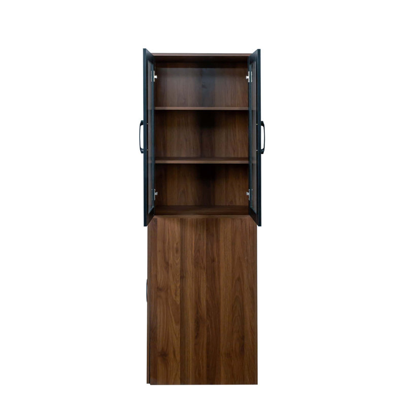 Modern 70.87 Inch H Display Storage Cabinet With 4 Tier Pull-Out Shelves And 2 Glass Doors For Versatile Use, Walnut 