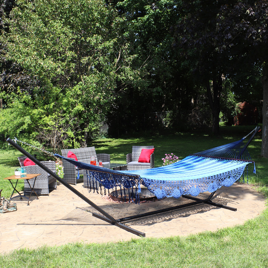 Larimore 2-Person Woven Cotton Spreader Bar Hammock and Stand with 400 lb Capacity Dakota Fields 