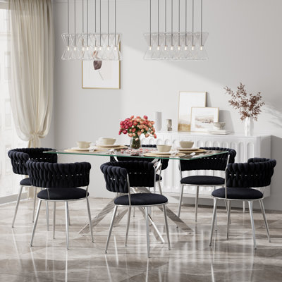 Clear Rectangle Pedestal Dining Set with Weaven Velvet Dininig Chair