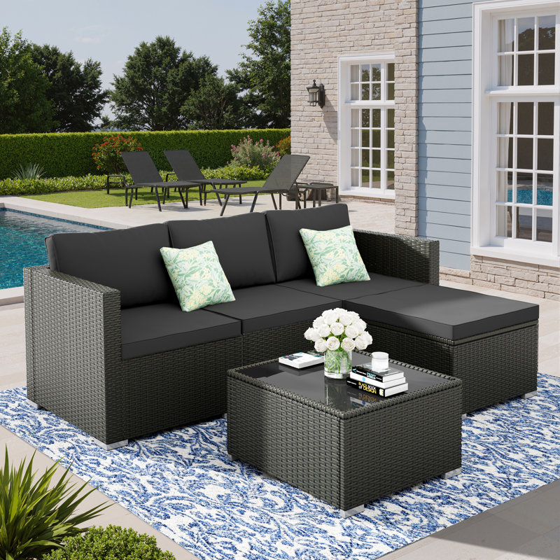 Ensemble de conversation modulaire d'extérieur 5 pièces pour 5 personnes avec coussins de patio et coussins gris, Gris, Noir