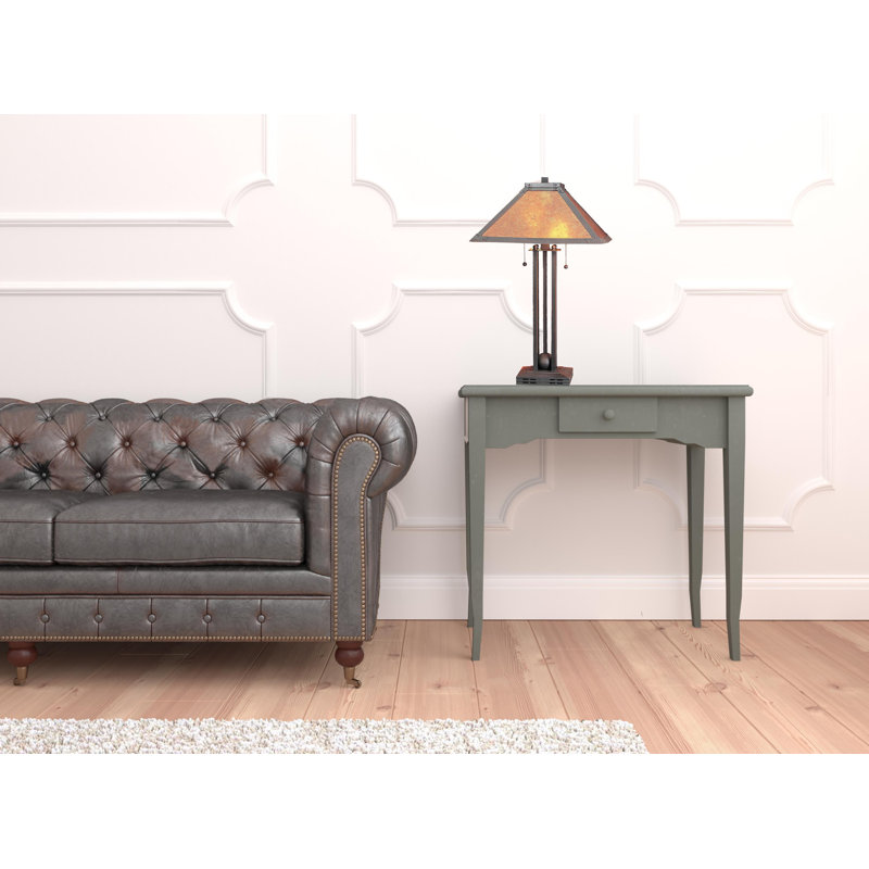Lampe de table en mica de 62 cm de hauteur avec abat-jour carré, structure en métal, fini noir mat, chaînette, douille E26, 2 x 60 W