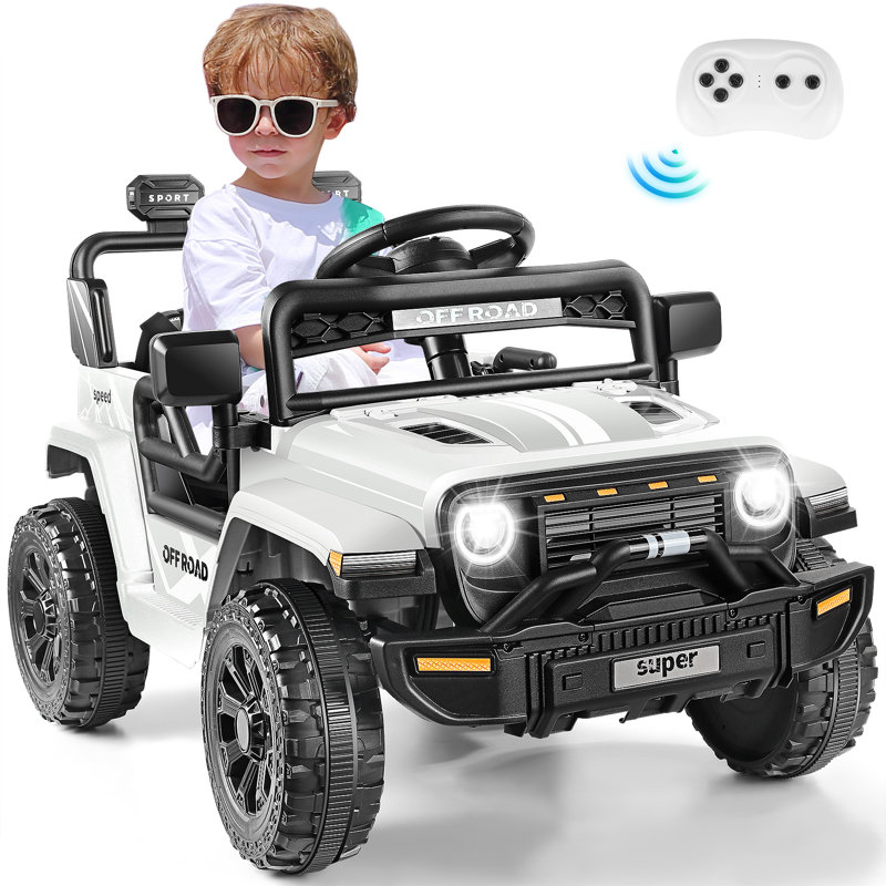 Alex Kids 12V Electric Ride On Car SUV Truck with Remote Control, Light, Music, Safety Belt, Spring Suspension, White, White
