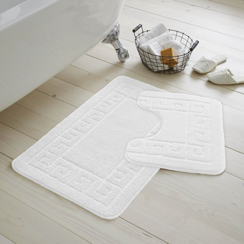 2 Piece Bathroom Rug Set Greek Key Pattern Bath Mat & Pedestal Mat Non Slip Rubber Back Soft Absorbent Mats, White