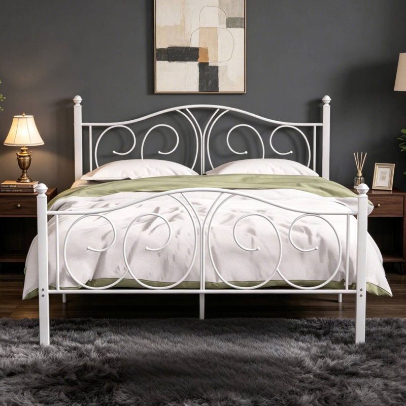 Structure de lit plateforme en métal blanc grand format avec tête de lit et pied de lit, rangement sous le lit de 12,6 po, aucun sommier tapissier requis