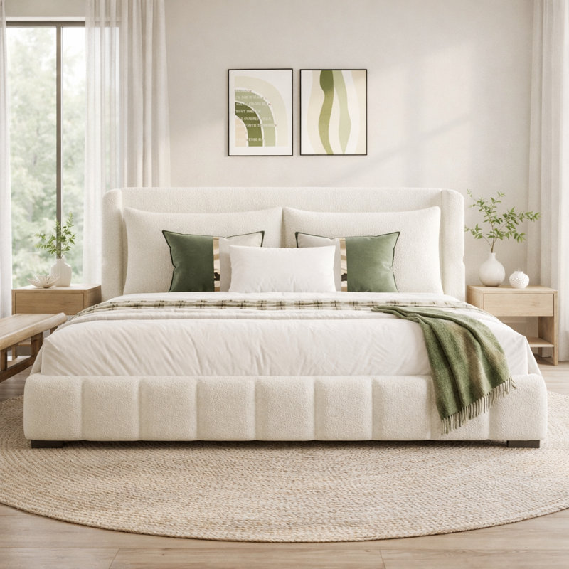 Upholstered Platform Bed With Pillows, Low-Profile, Velvet Fabric With Stitching Detail, Contemporary, Bedroom, White, Queen