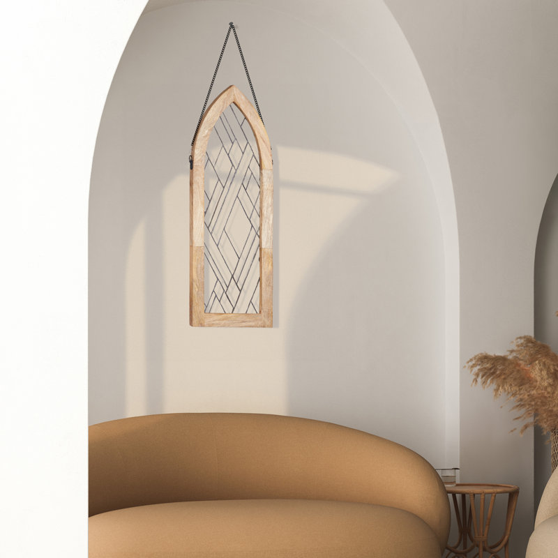 36"H Cathedral Geometric Clear Glass Window Panel In Mango Wood Frame