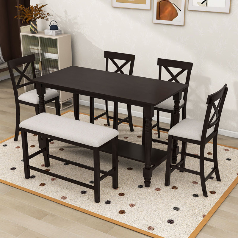 Daury 6Pcs Counter Height Dining Set with 4 Upholstered Chairs, Bench and Storage Shelf, Espresso