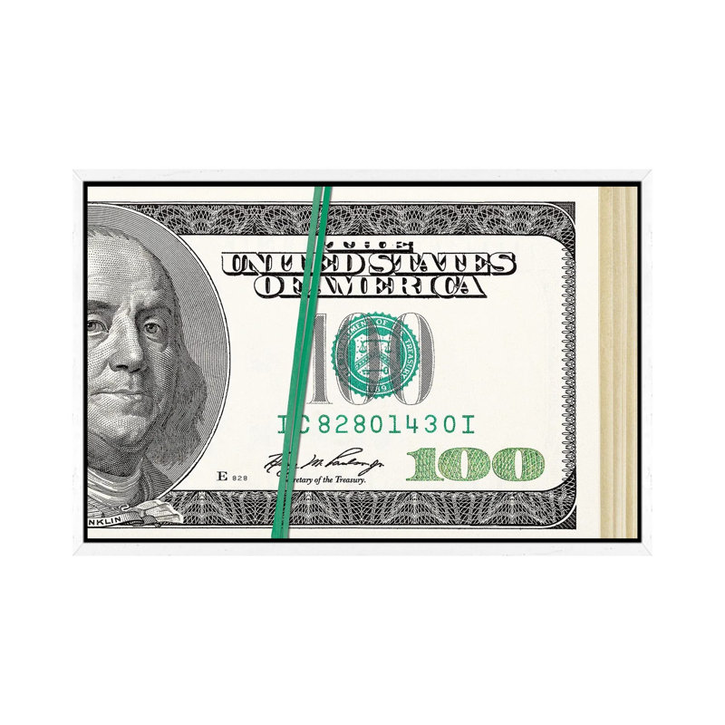 Folded Hundreds - Print on Canvas, 101.6cm H x 152.4cm W x 3.81cm D, White Framed