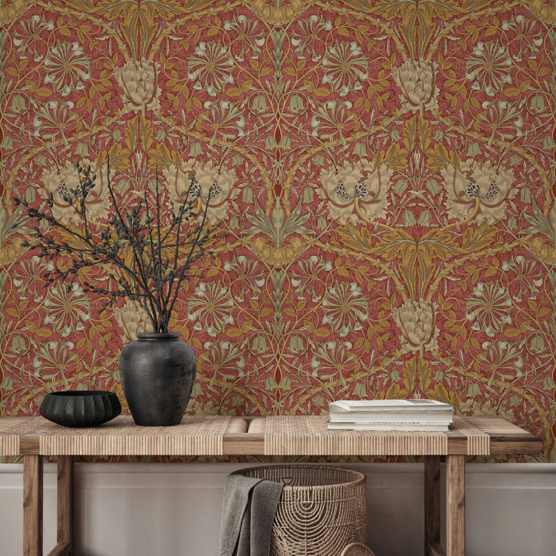 Papier peint à motif de treillis de chèvrefeuille William Morris Bryelle, Rouge
