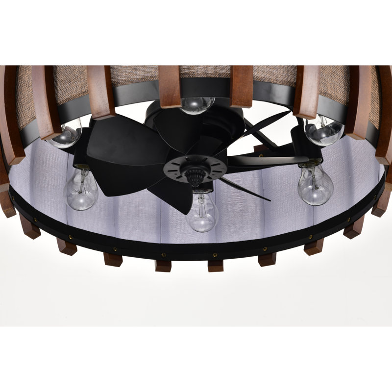 Ventilateur de plafond lumineux en tissu et bois - brun