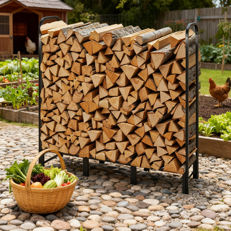 Support à bois de chauffage robuste avec couvercle imperméable, support à bûches d'extérieur de 4 pi, support de rangement en bois métallique d'une capacité de 1/4 de cordon avec cadre en acier thermolaqué et enceinte complète