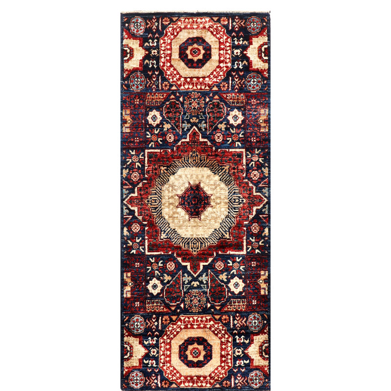 Hand-Knotted High-Quality Navy, Red, and Beige Runner