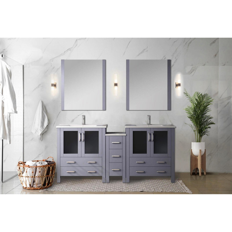 Meuble-lavabo double 72 po L, teinte gris foncé, avec armoire latérale, plateau en céramique blanche, structure en bois massif, fonction de fermeture en douceur, 2 armoires et 7 tiroirs, comptoir large à surface teintée, corps, caractéristique,