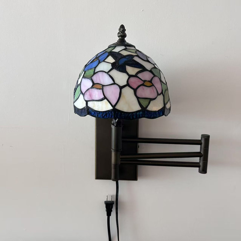 Tiffany Sconce Lamp Plug in Swing Arm Blue Pink Stained Glass Hummingbird Flowers 13”W*8”D*15”H