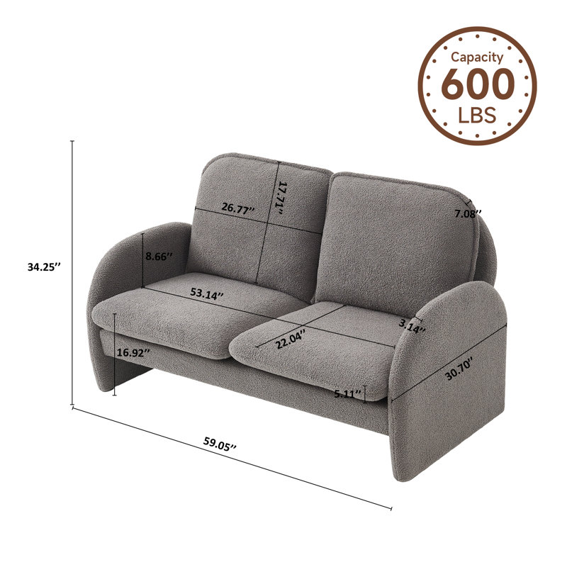 59.05'' 2-Seater Sherpa-Lamb Fabric Loveseat – Solid Wood Frame, Curved Armrests and Rubber Feet with Included Toss Pillows for Small Spaces