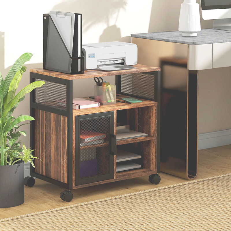 Support d'imprimante mobile de style rustique brun. Avec douille et. Gardez le bureau organisé. Tablettes réglables. Roues pour mobilité Bureau brun avec douille. Organisez les fournitures. Et réglable. Élégant