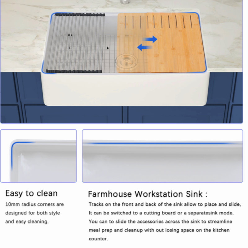 Fireclay 33" L X 20" W Workstation Farmhouse Kitchen Sink With Accessories