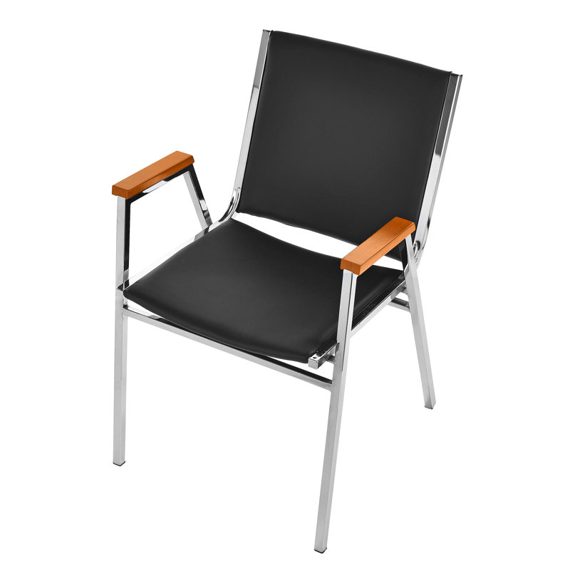 Black Vinyl and Metal Stackable Office Chair with Walnut Armrests