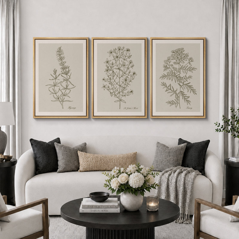Minimal Botanical "Duotone Beige Green Classic Artwork, Simple Neutral Botanical Wall Pictures, Large Framed Canvas Giclee Print 3 Pieces Wall Art Set"  16"x24"x3 pcs, 24"x36"x3 pcs