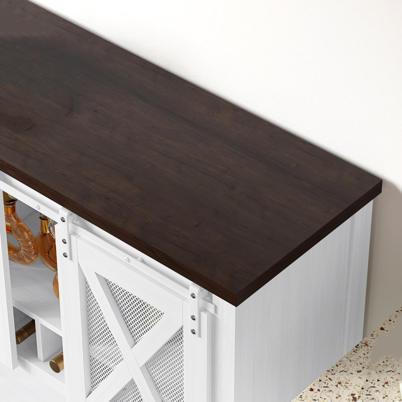 Push Pull Barn Door Dining Cabinet, Sofa Control Table Cabinet, White/Brown