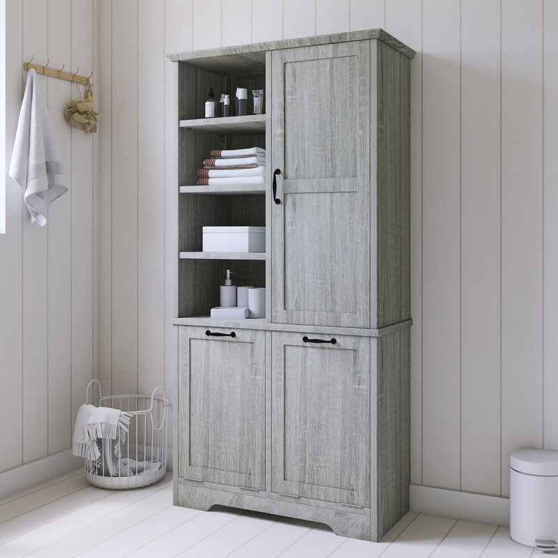 68" Tall Bathroom Storage Cabinet With Open Shelve, Oak