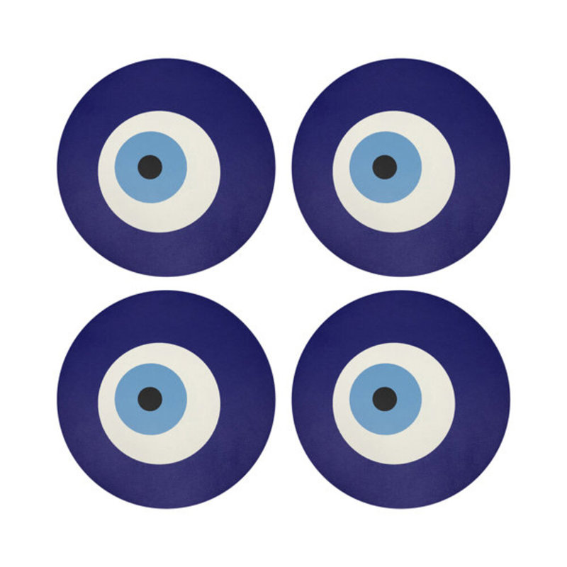 Evil Eye White White Vegan Leather Round Coasters