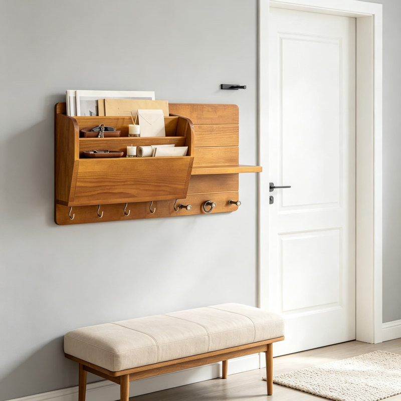 Porte-clés mural en bois avec organisateur de courrier et tablette pour le décor du vestibule, porte-clés mural rustique pour clés, courrier et petits articles essentiels