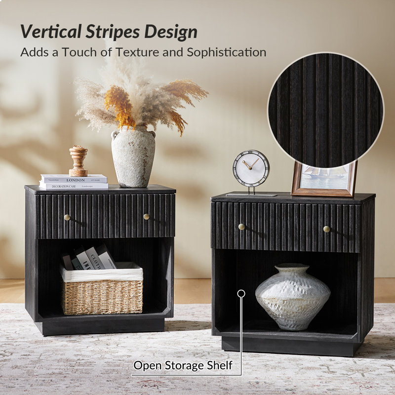  Kaybri 23.5''W Modern Fully Assembled Fluted Solid Wood End Table with Hidden Compartment and Charging Staion（Set of 2)