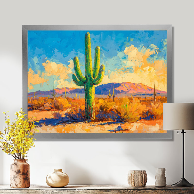 Saguaro dans la lumière dorée II - cactus, art mural, Argent argent, Cadre simple, H 16 po x l 32 po