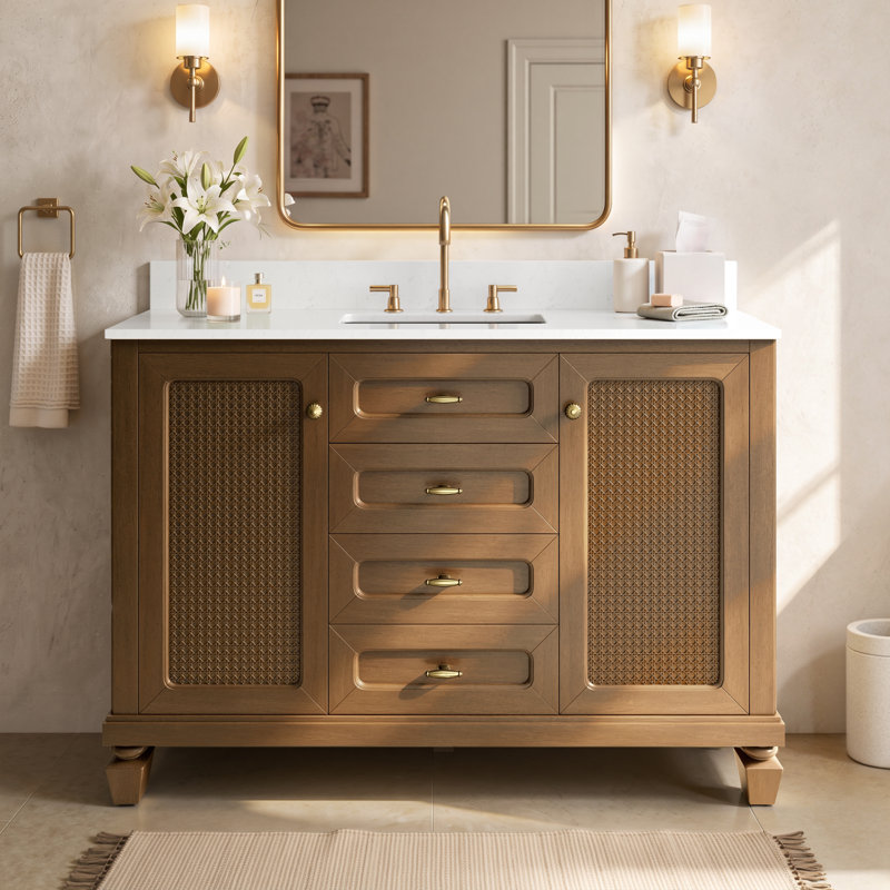 Meuble-lavabo simple autoportant 48 po avec comptoir en marbre d'ingénierie, lavabo en céramique, dosseret, Noyer Blanc, 48"