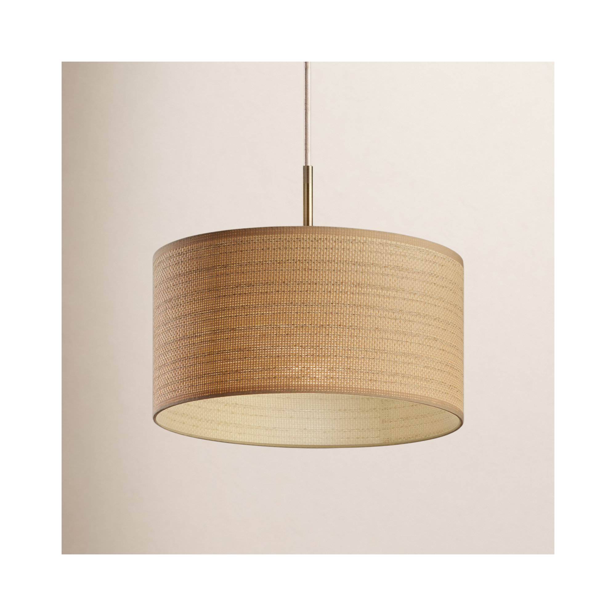 Kinnear Single Light Pendant, Antique Brass, Natural/Beige Trim