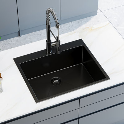25'' Ture Black Drop In Kitchen Sink W/ Pull Out Faucet 16 Gauge Stainless Steel Single Bowl Topmount Rv Sink Bar Sink