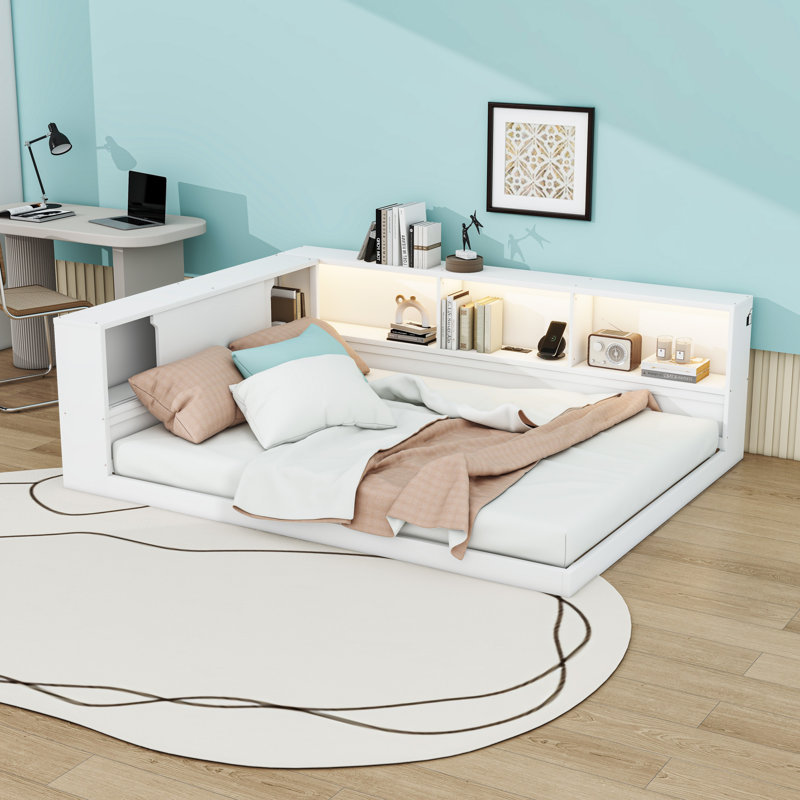 Daybed with 5 Storage Shelves, USB Charging Ports and LED Lighting, White