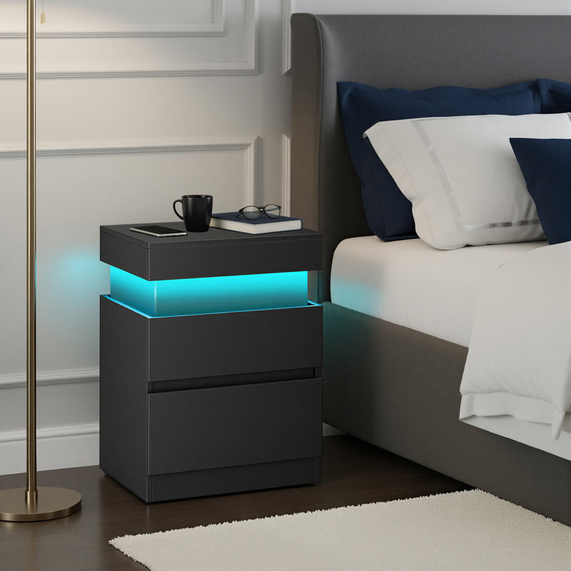  19" W Nightstand With Power Outlets, Sliding Lid, Led Lights, 2 Drawers, Black