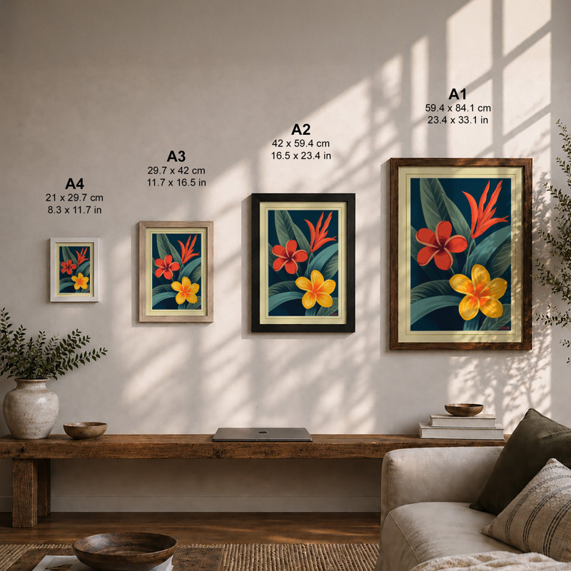 Two Blooms Against Teal Botanical - Framed Print, A3 - 42.0 x 29.7 cm, Walnut