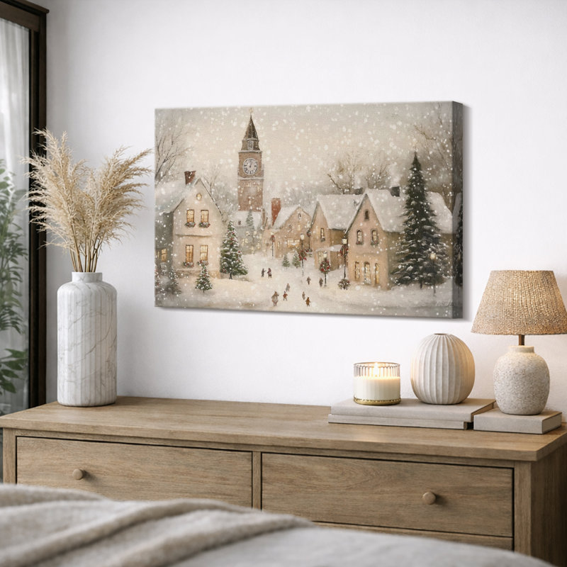 Vintage Winter Snowy Village Landscape Artwork, Warm Christmas Holiday Mental Wall Pictures, Large Framed Canvas Giclee Print Wall Art