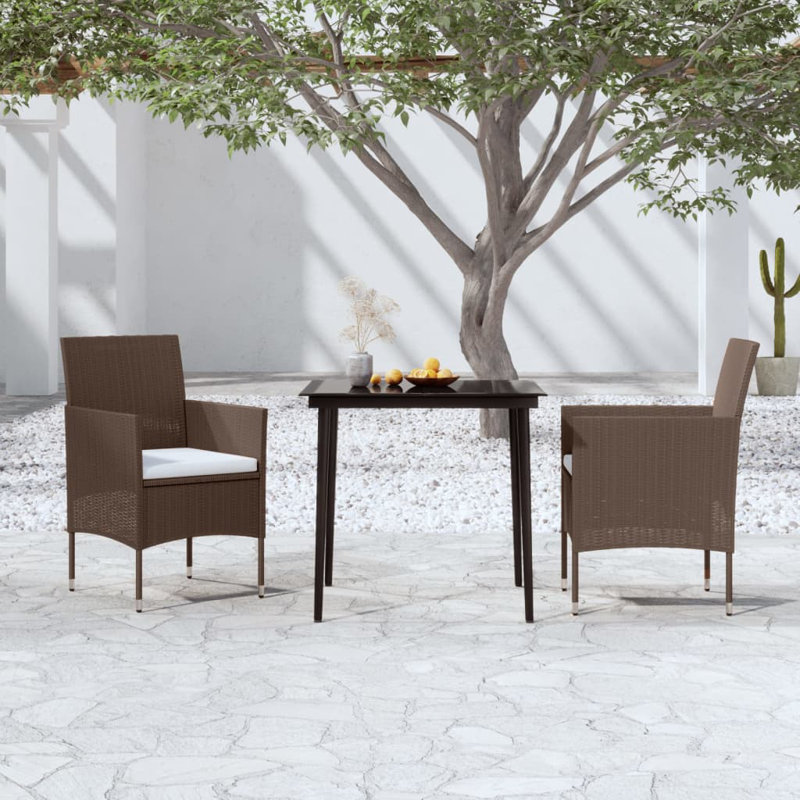 Long Dining Set with Cushions, 29.1" H x 31.5" W x 31.5" D, Cream Cushion/Brown Frame, 2
