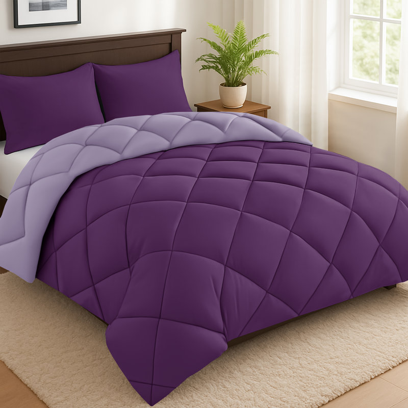 Down Alternative Microfiber Reversible Comforter Set - 3 Pcs All Season Diamond Pattern Comforter with Shams, Purple, Queen