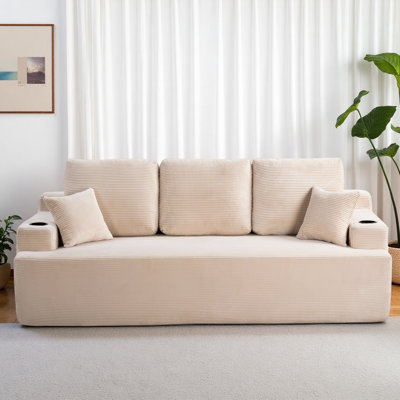 87 In 3-Seater Sofa For Living Room, Comfy Couches With Deep Seat, Plush Corduroy Fabric With Cup Holders And Side Storage Pockets For Apartment Lounge