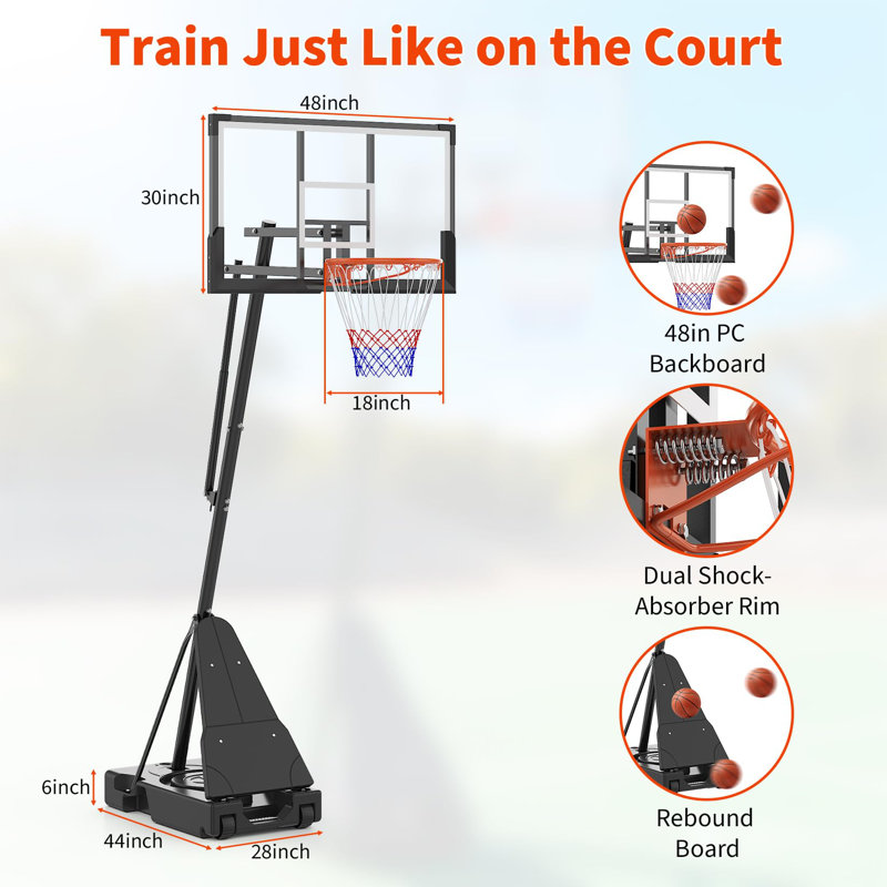 48" Shatterproof PC Backboard Basketball Hoop, 4.9-10FT Height Adjustable Portable Goal System with Wheels & Weighted Base, for Youth & Adults, Driveway, Backyard, Pool Play