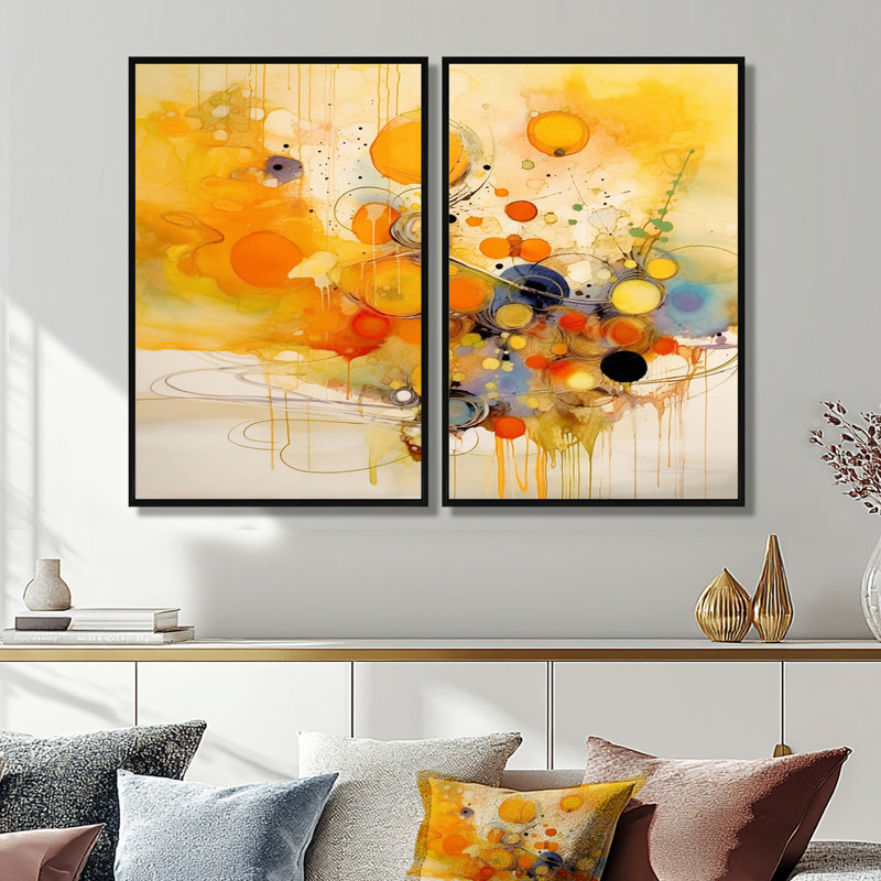 Tourbillons de couleur orange et jaune II - grand minimalisme abstrait, art mural sur toile 2 panneaux, Black, 36" H x 48" W