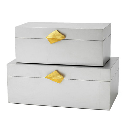 Ensemble de 2 boîtes de rangement décoratives en bois avec accents dorés - boîtes pour clés, bibelots, bijoux, maquillage, accessoires, bricolage, gadgets, bureau personnel, salon, chambre à coucher et décor de vestibule, argent