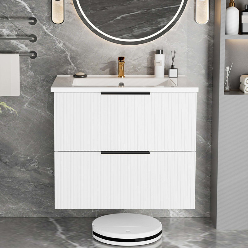 Meuble-lavabo 24 po avec lavabo en céramique - Meuble-lavabo mural flottant cannelé avec tiroirs, moderne, Blanc mat