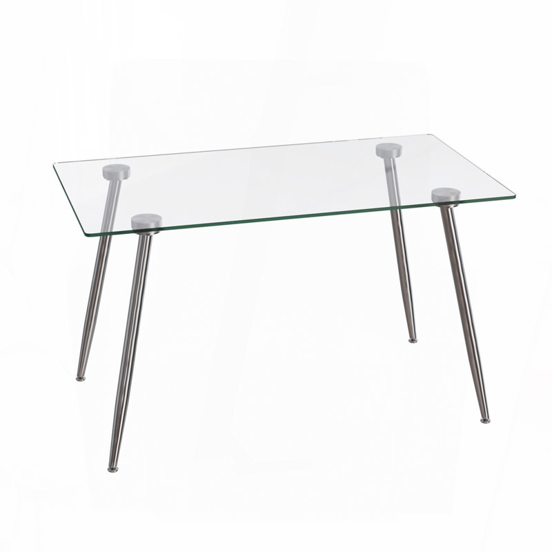 Modern Rectangular Glass Dining Table with Tempered Glass Top and Silver Metal Legs
