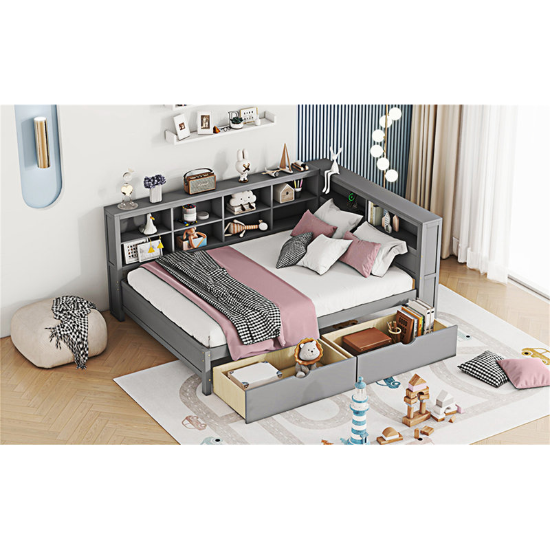 Wooden Daybed With 2 Drawers, Gray, Full