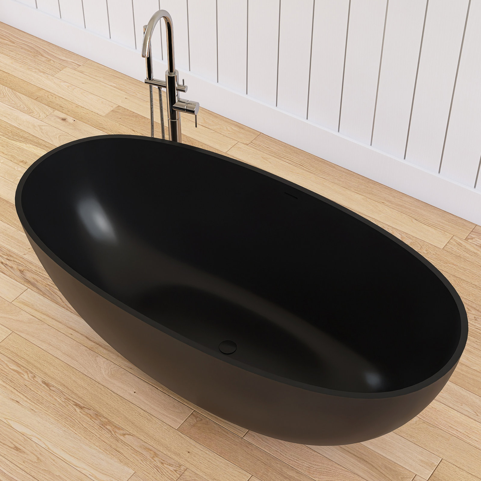 Forma 61'' Freestanding Tub Solid Surface Stone Resin Free Standing Soaking Bathtub, Matte Black