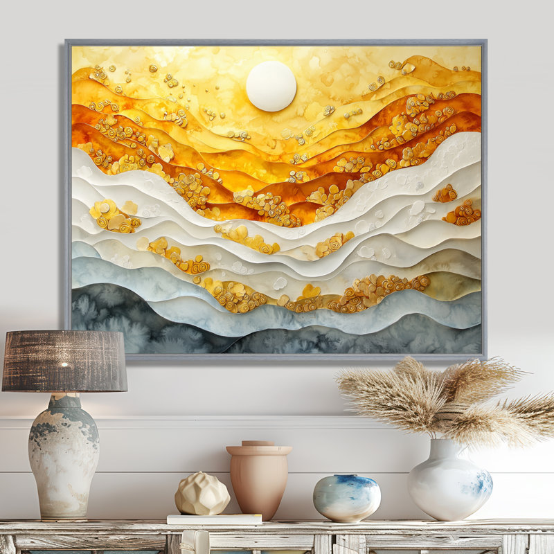 «Blue Yellow Dream Lines III - vagues côtières», art mural, Argent argent, Cadre flottant, H 16 po x l 32 po