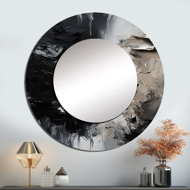 Parmjit noir texturé Splash Paint Art II - peinture abstraite grand miroir mural, miroir rond noir unique, art imprimé en métal